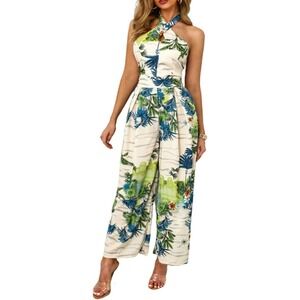 Halter Top Jumpsuit Women L Tropical Vacation Cream Green Wide Leg Resortwear